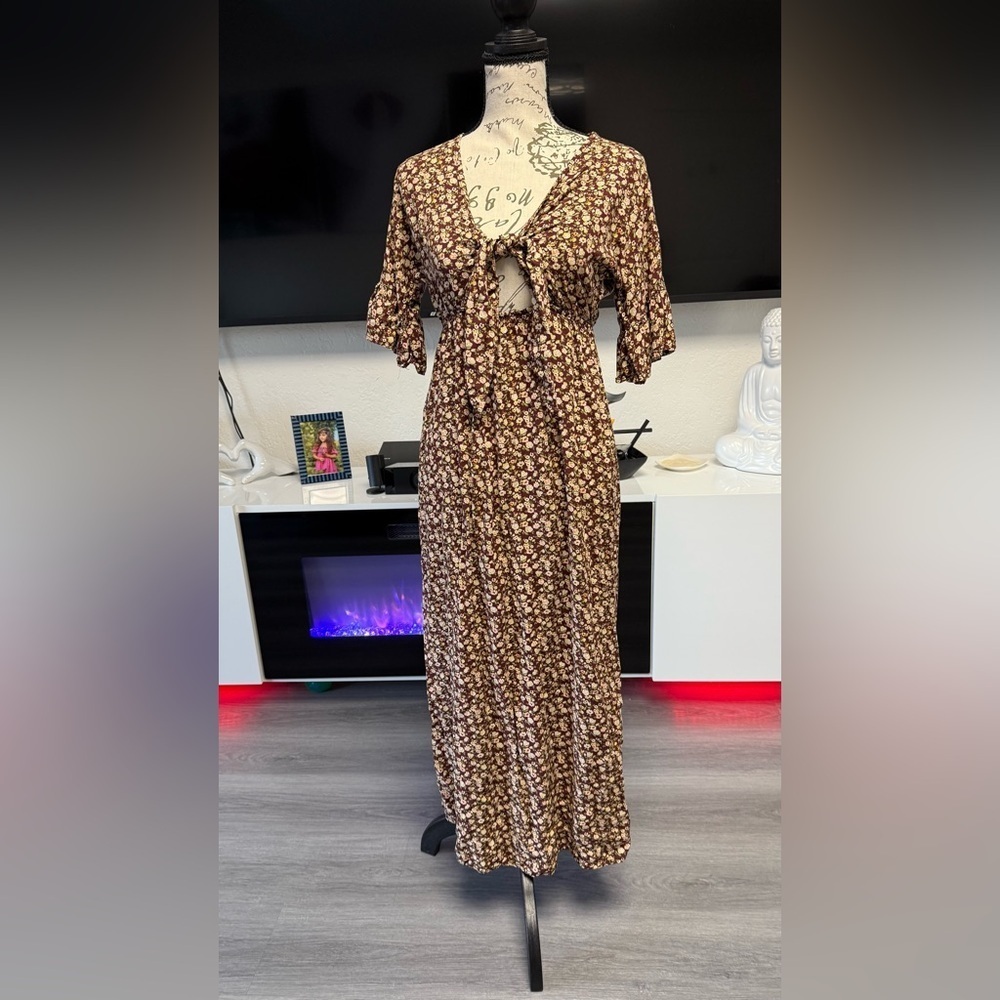 LunaChix Floral Tie-Front Maxi Dress - Boho Short Ruffle Sleeve - XS - Picture 2 of 13
